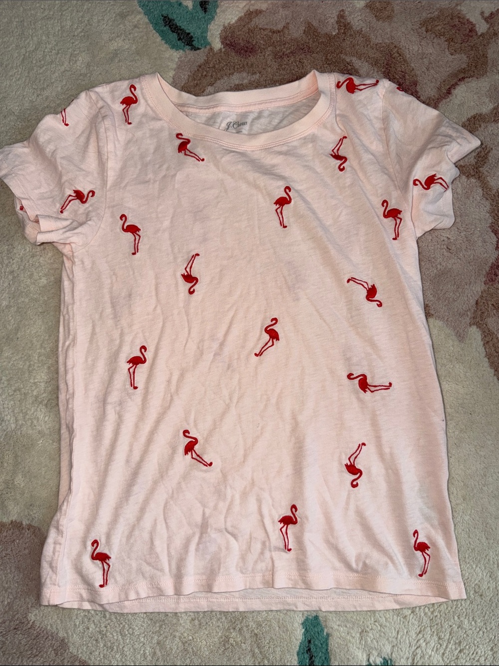 J. Crew Pink Tee with Red Flamingo Embroidery